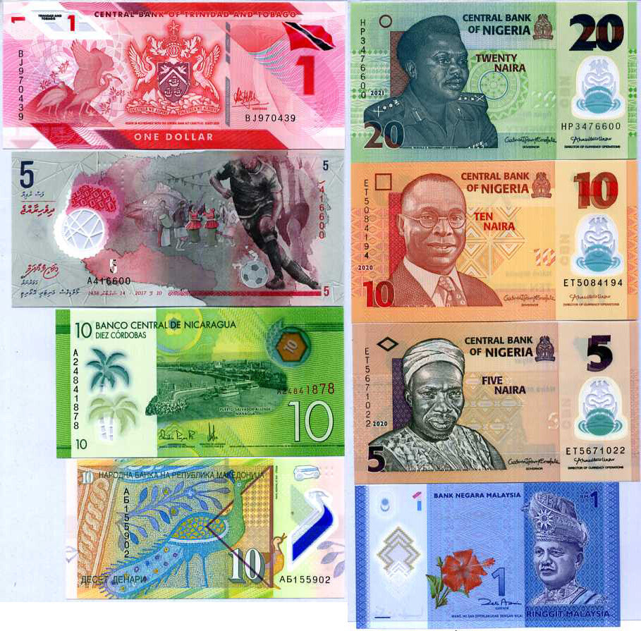 World Polymer Collectible Set 8 Pcs Lot Different Notes From 6 Countries All UNC