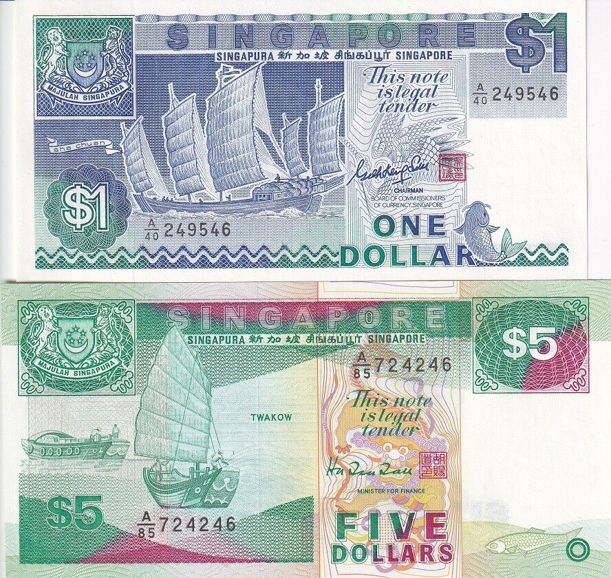 Singapore SET 2 PCS 1 5 Dollars ND 1987 1989 P 18 P 19 UNC