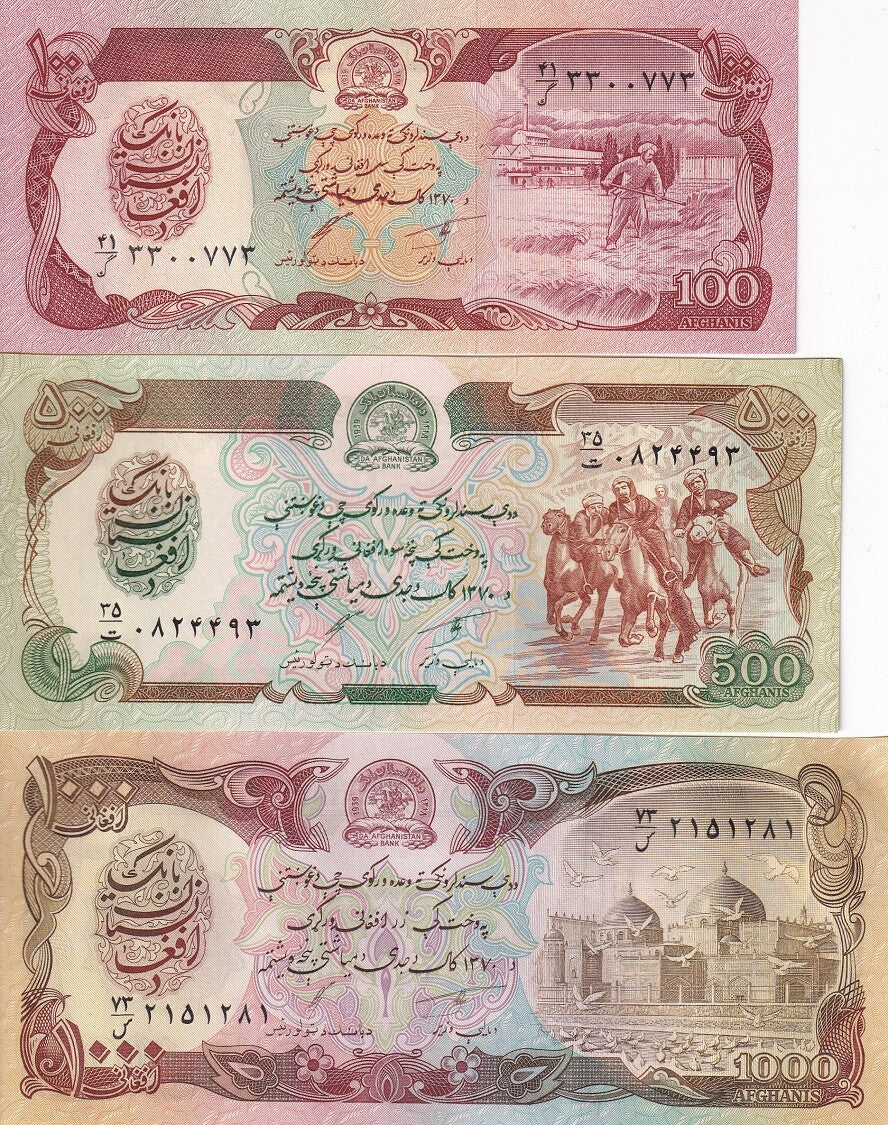 Afghanistan Set 3 PCS 100 500 1000 Afghanis P 58 P 60 P 61 UNC