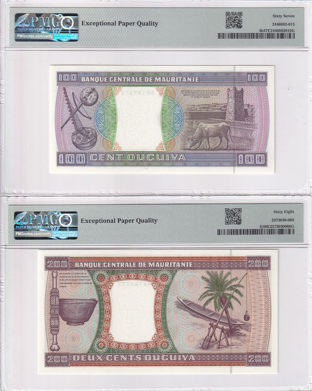 Mauritania Set 2; 100 200 Ouguiya 2002 P 4 P 5 Superb Gem UNC PMG 67 68 EPQ