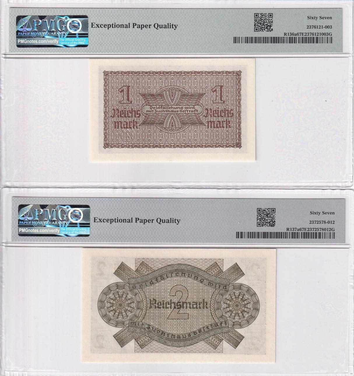 Germany SET 2; 1 2 Reichsmark ND 1940 P R136 P R137 Superb Gem UNC PMG 67 EPQ