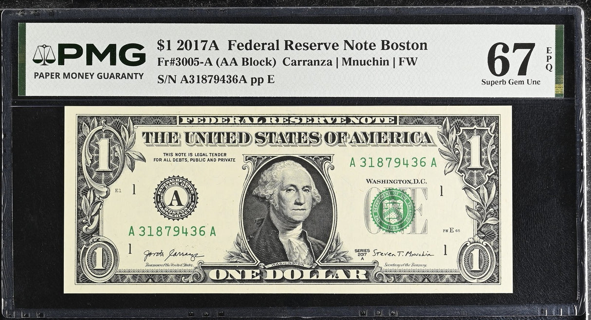 United States 1 Dollar USA 2017A P 544 A Boston A-A Superb Gem UNC PMG 67 EPQ