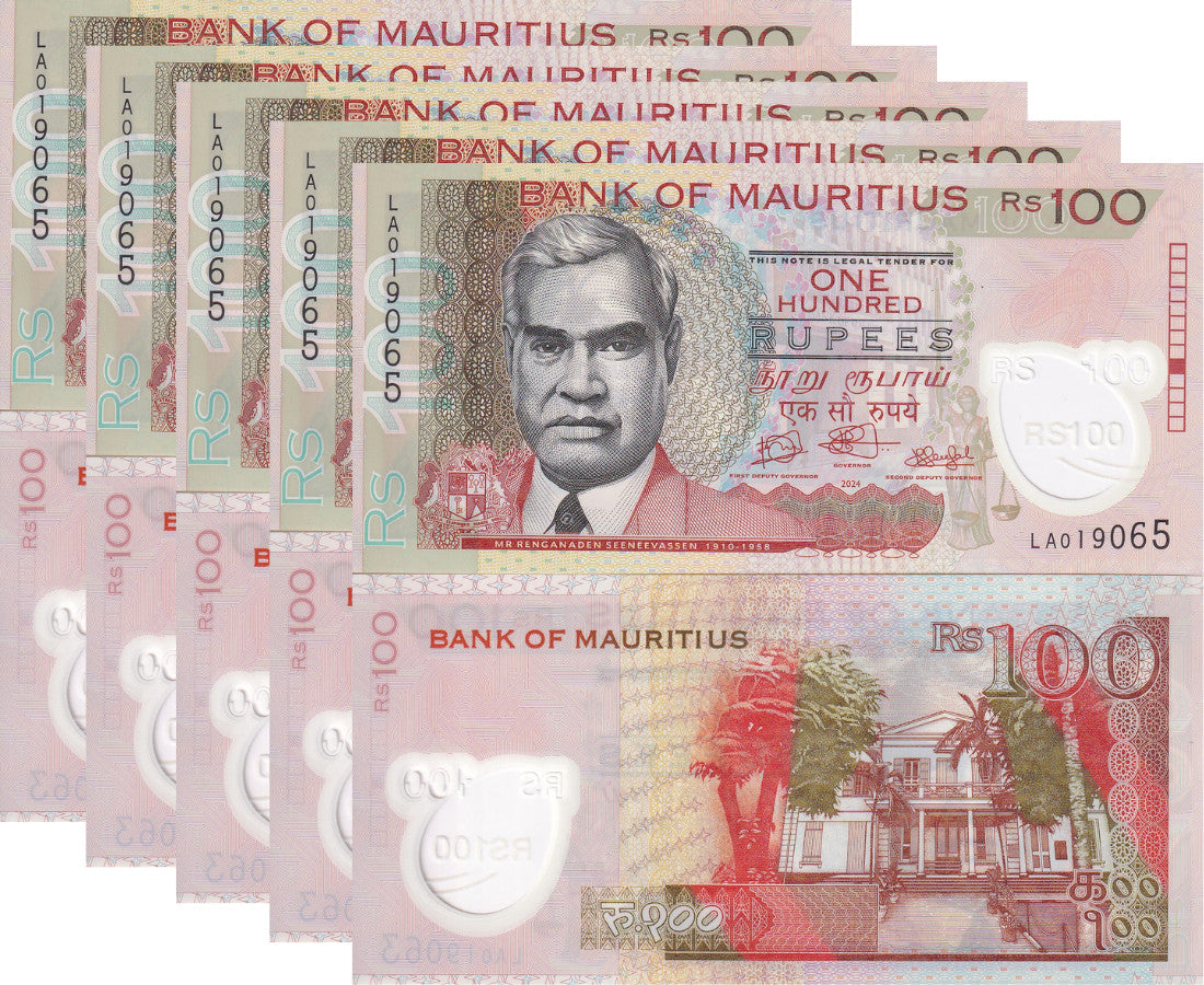 Mauritius 100 Rupees 2024 / 2025 Polymer P W65A NEW LOT 5 UNC