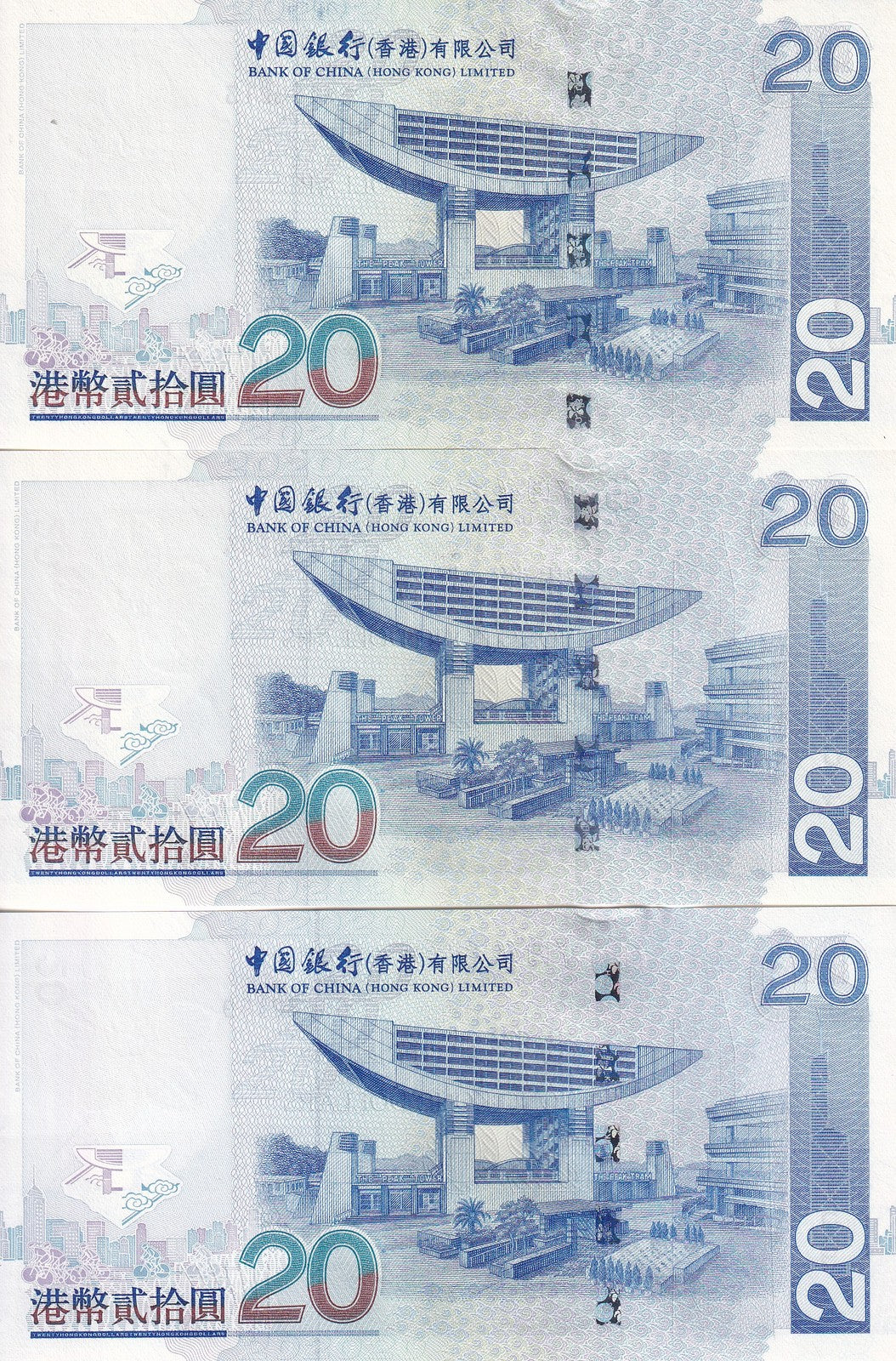 Hong kong Set 3 UNC 20 Dollars 2006 2007 2008 P 335 BOC Bank of China