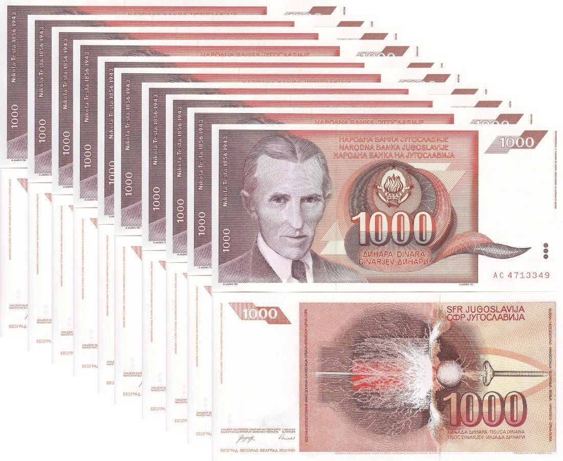 Yugoslavia 1000 Dinara 1990 P 107 UNC LOT 10 PCS ,Nikola Tesla ,High frequency