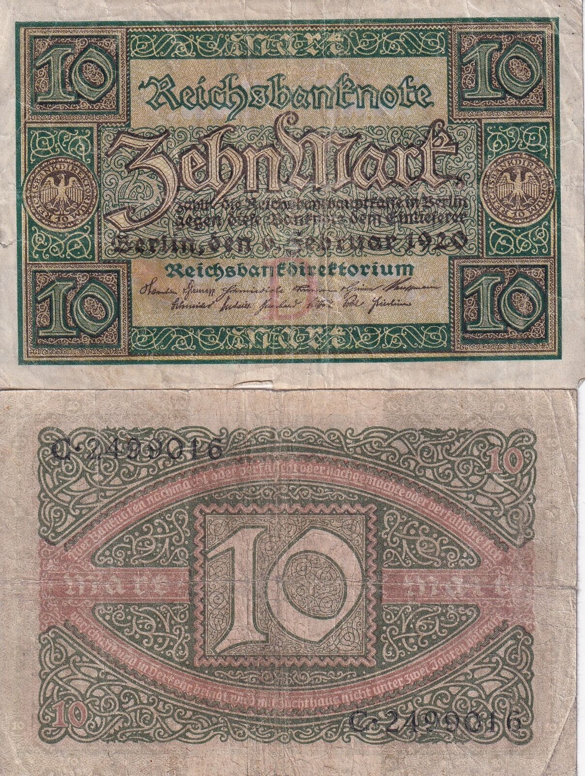 GERMANY 10 Mark 1920 P 67 USED / CIRCULATED