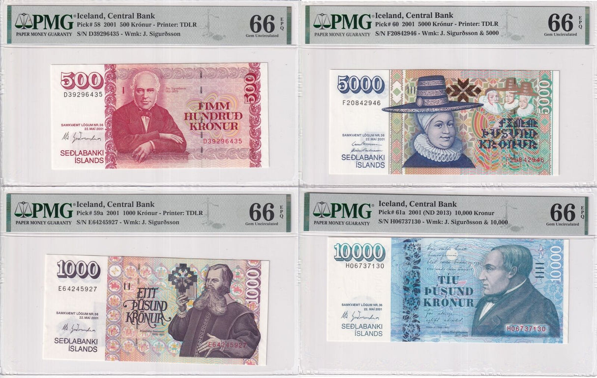 Iceland Set 4; 500 100 5000 10000 Kronur 2001 P 58 59 60 P 61 Gem UNC PMG 66 EPQ