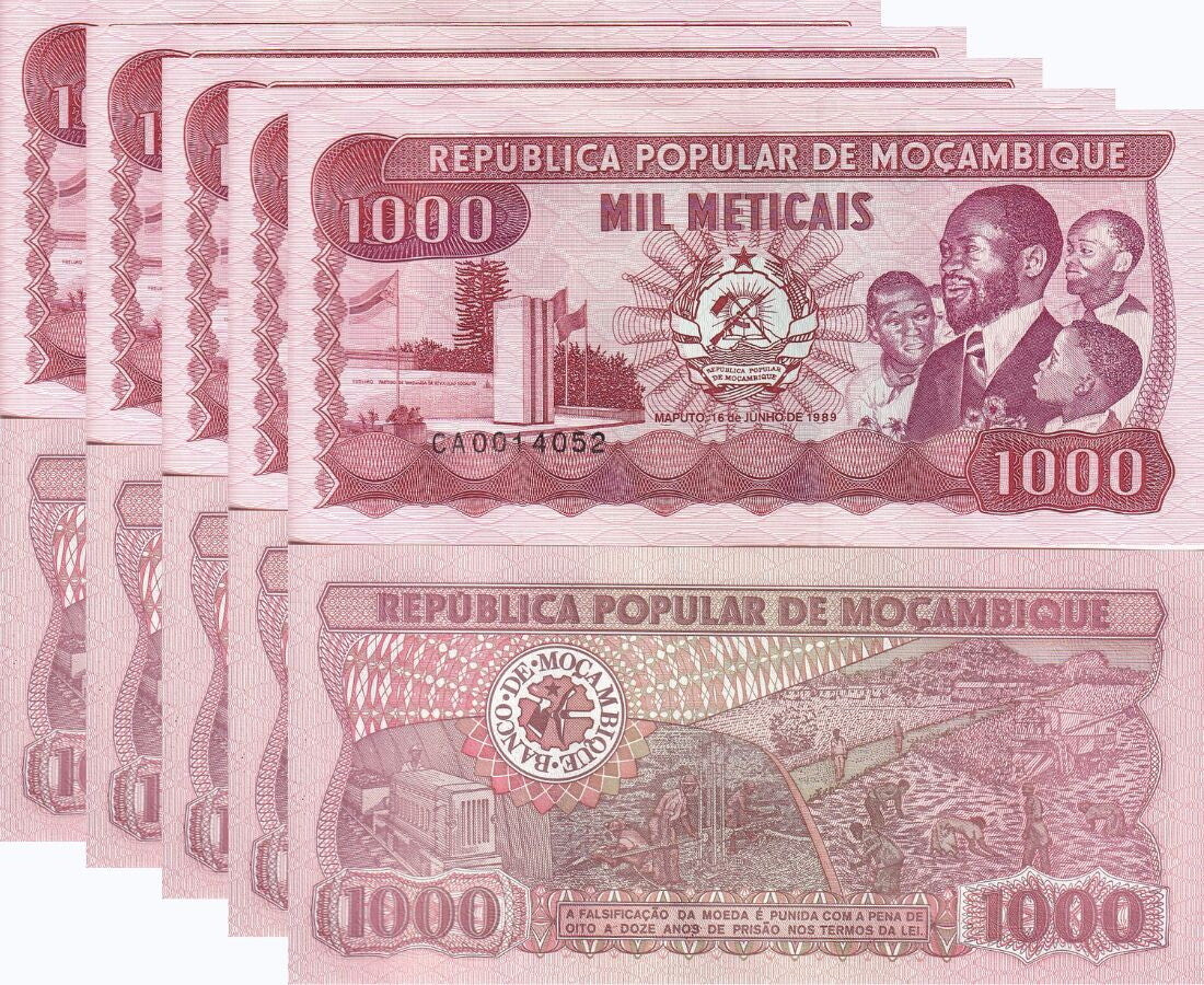 Mozambique 1000 Meticais 1989 P 132 c UNC LOT 5 PCS