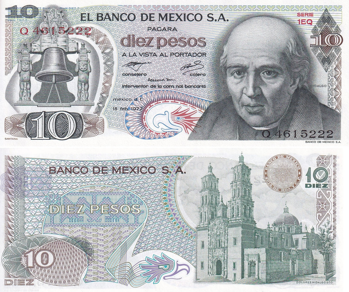 Mexico 10 Pesos 1977 Series EQ P 63 i Dolores Hidalgo Guanajuato UNC