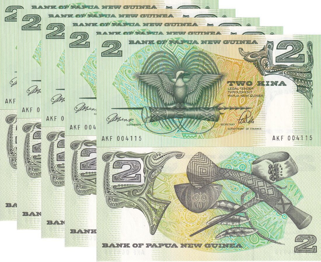 Papua New Guinea 2 Kina ND 1989 - 1991 P 5 c Sign ToRobert & Vele UNC LOT 5 PCS