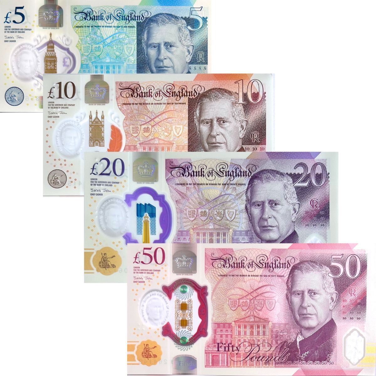 Great Britain Set 4 UNC 5 10 20 50 Pounds 2023/2024 Charles III Polymer NEW