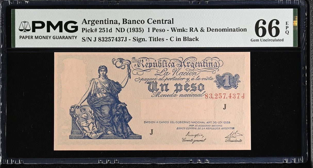 Argentina 1 Peso ND 1935 P 251 d Gem UNC PMG 66 EPQ TOP POP