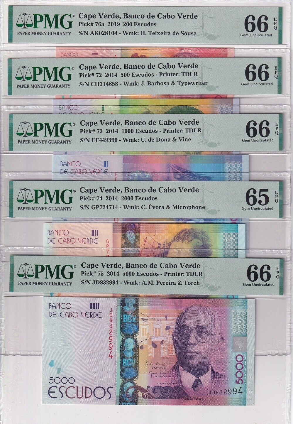 Cape Verde Set 5; 200 500 1000-5000 Escudos 2014 P 72- 76 Gem UNC PMG 65 66 EPQ