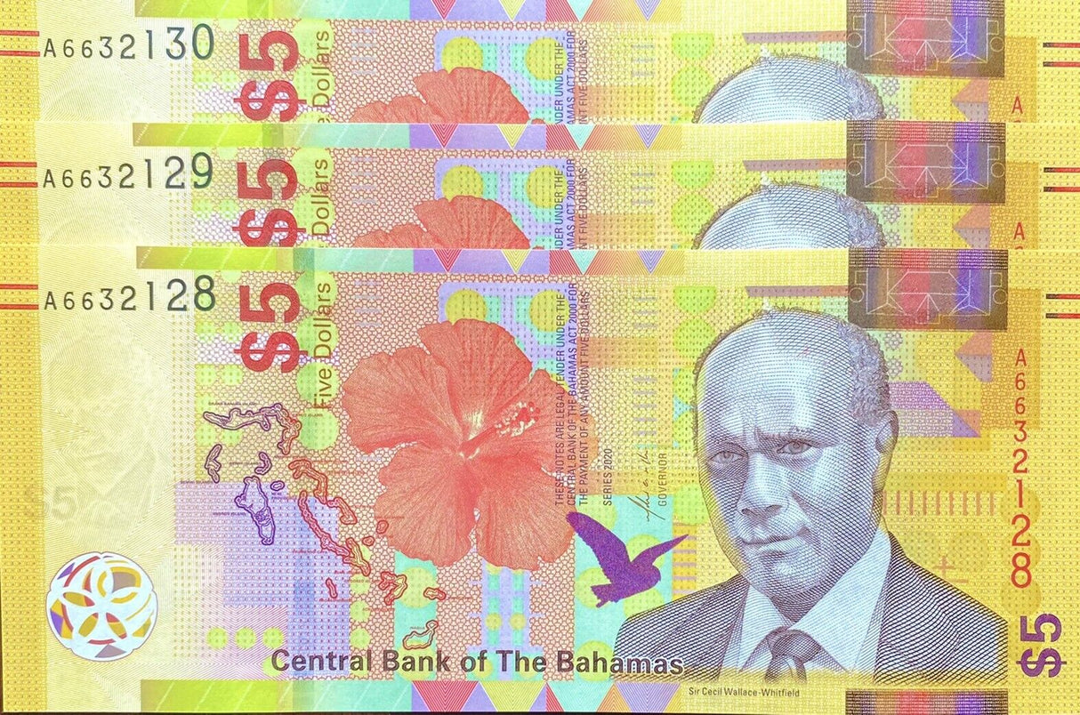 Bahamas 5 dollars 2020 P 78A UNC Lot 3 Pcs