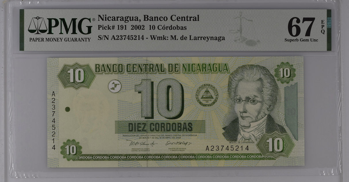 Nicaragua 10 Cordobas 2002 P 191 Superb Gem UNC PMG 67 EPQ