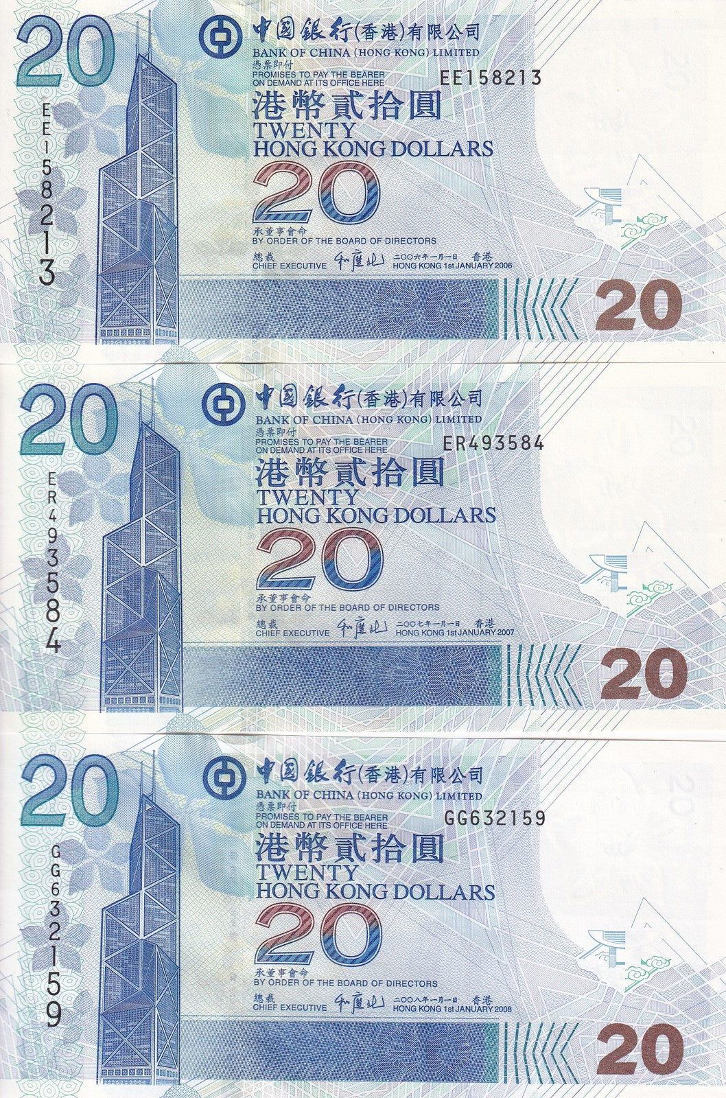 Hong kong Set 3 UNC 20 Dollars 2006 2007 2008 P 335 BOC Bank of China