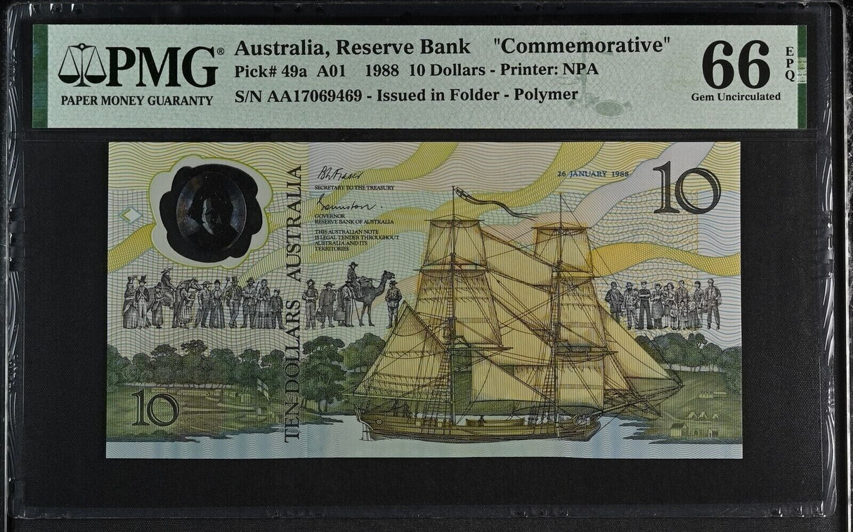 Australia 10 Dollars 1988 P 49 a AA Prefix Comm. Polymer Gem UNC PMG 66 EPQ