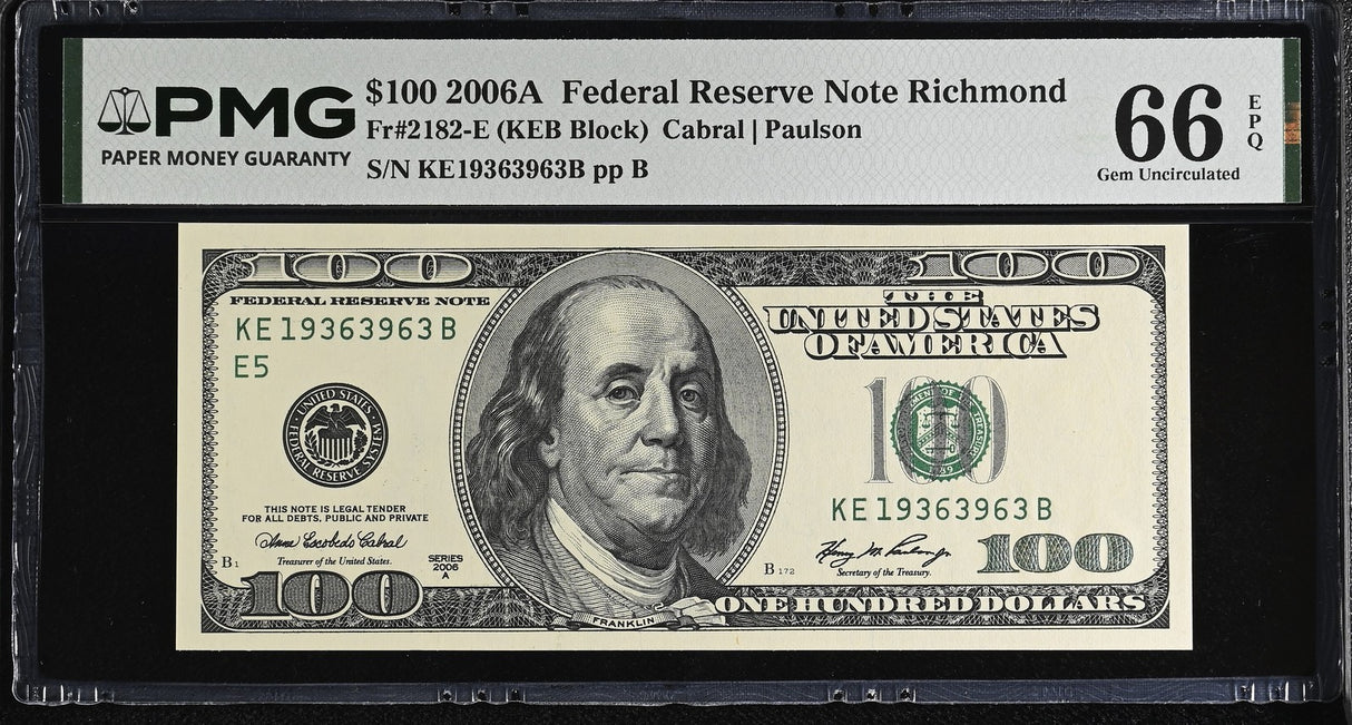 United States 100 Dollars USA 2006A P 528 E Richmond Gem UNC PMG 66 EPQ