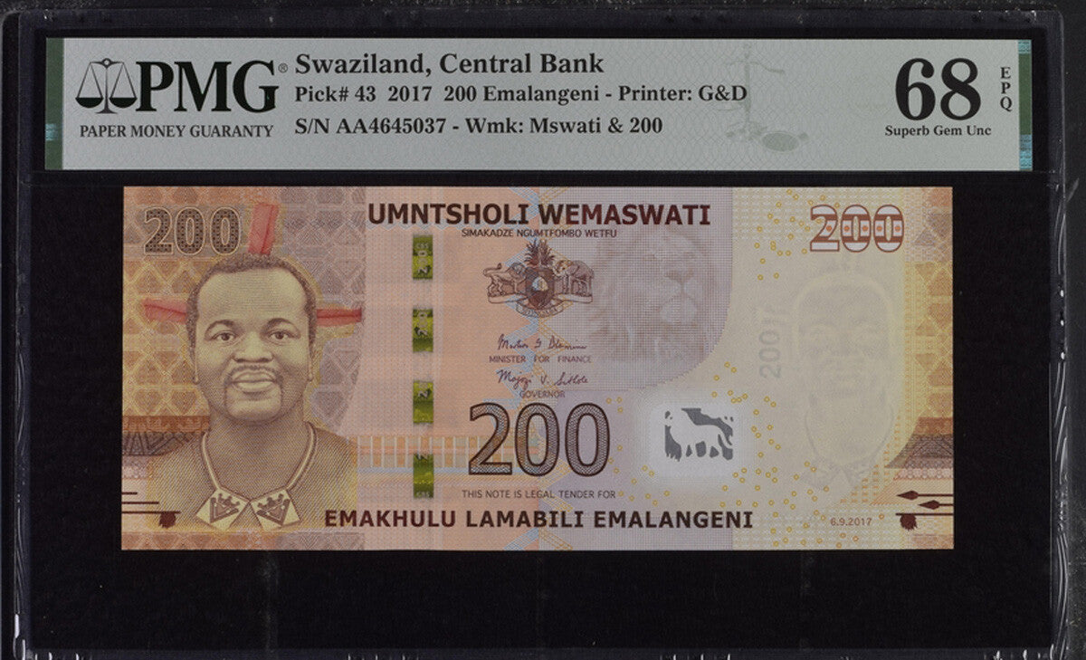 Swaziland 200 Emalangeni 2017 P 43 Superb Gem UNC PMG 68 EPQ