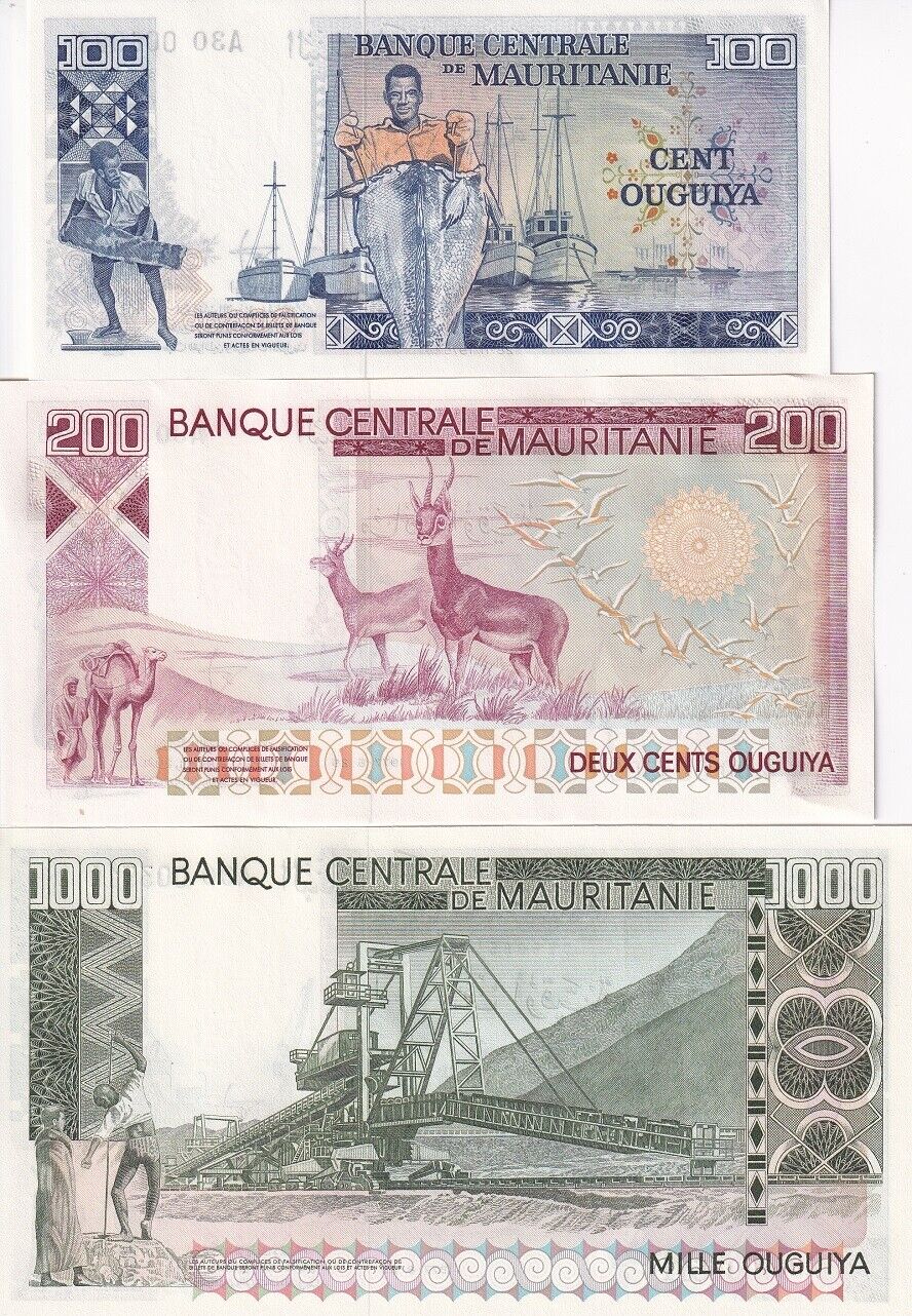 Mauritania SET 3 UNC 100 200 1000 Ouguiya 1975 1977 P 3A 3B 3C TDLR Issued 2024