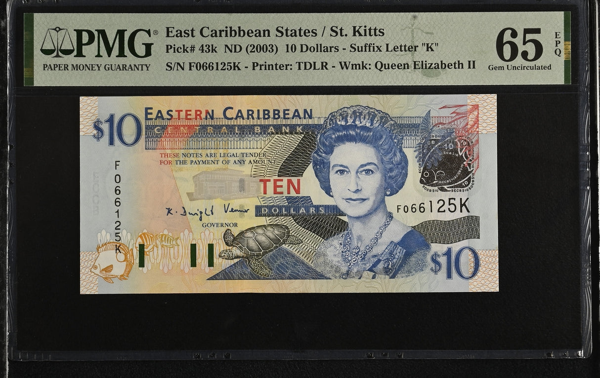 East Caribbean 10 Dollars ND 2003 P 43 k Gem UNC PMG 65 EPQ