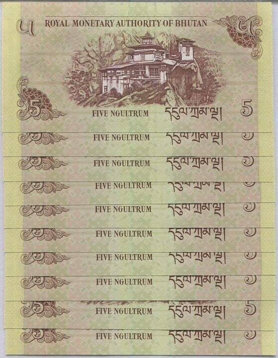 Bhutan 5 Ngultrum 2011 P 28 b UNC LOT 10 PCS