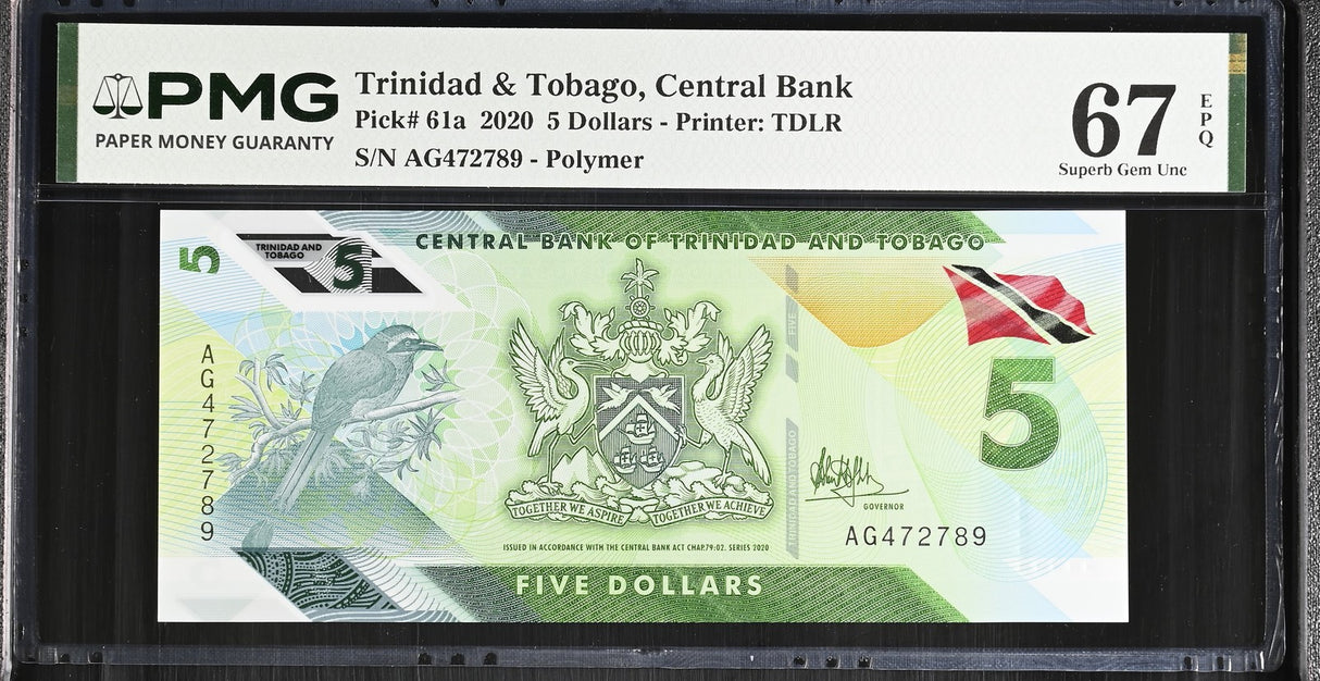 Trinidad & Tobago 5 Dollars 2020 P 61 a Polymer Superb Gem UNC PMG 67 EPQ