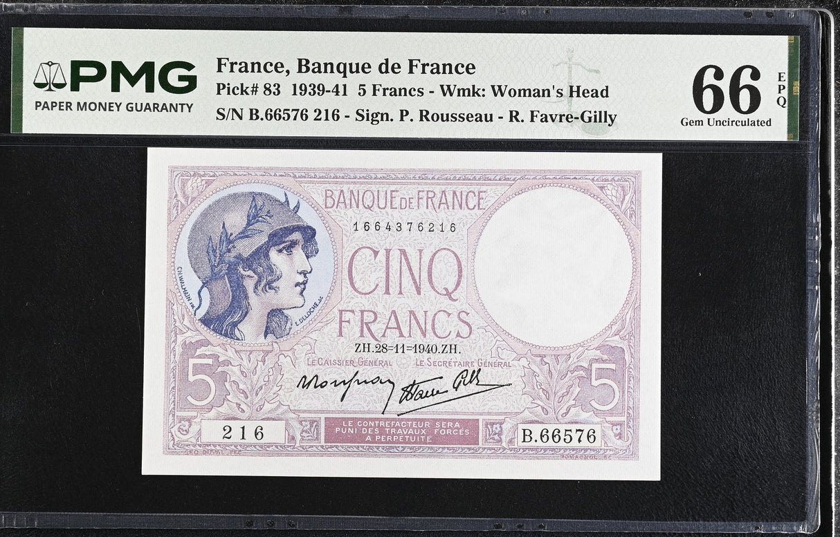 France 5 Francs 1940 P 83 Gem UNC PMG 66 EPQ