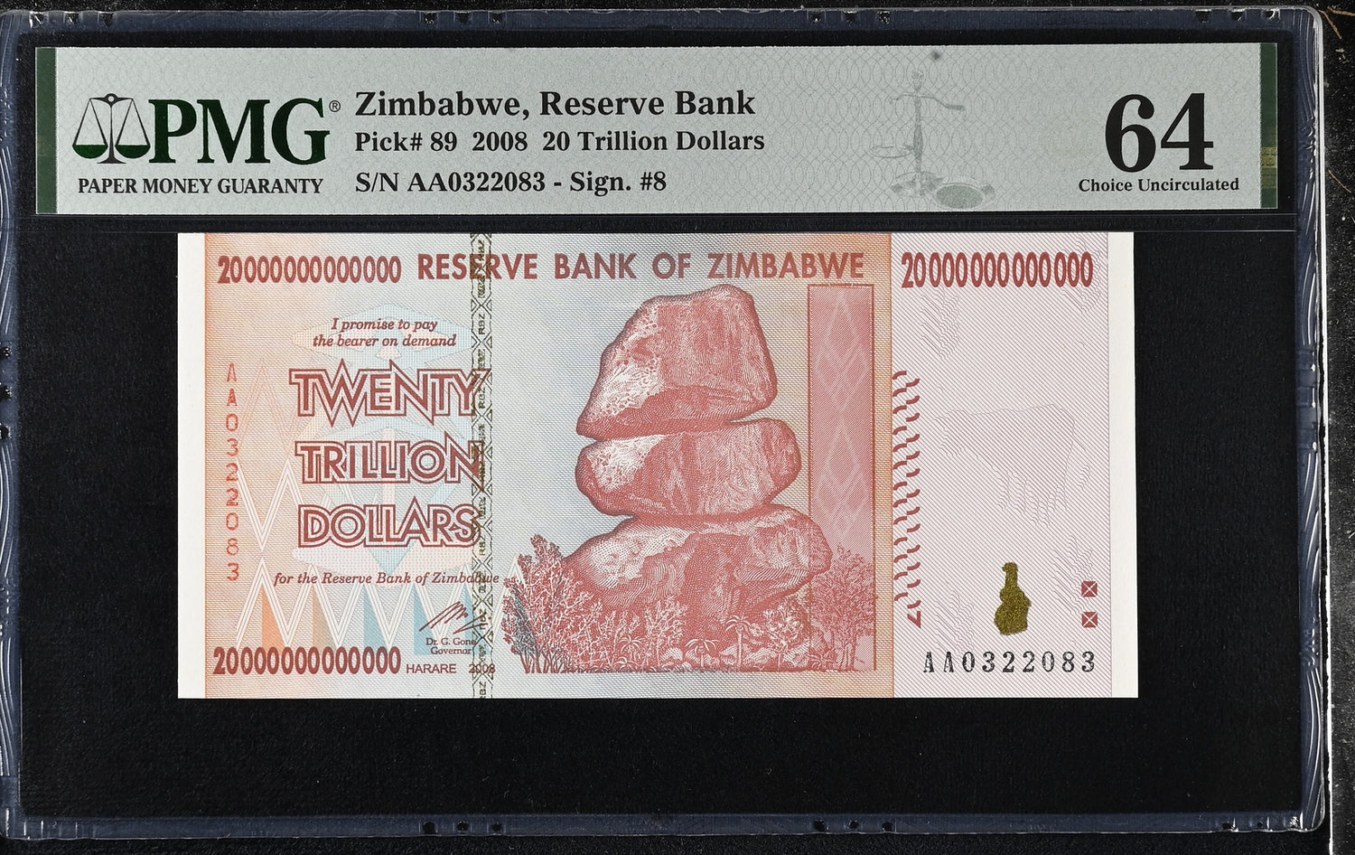 Zimbabwe 20 Trillion Dollars 2008 P 89 Choice UNC PMG 64