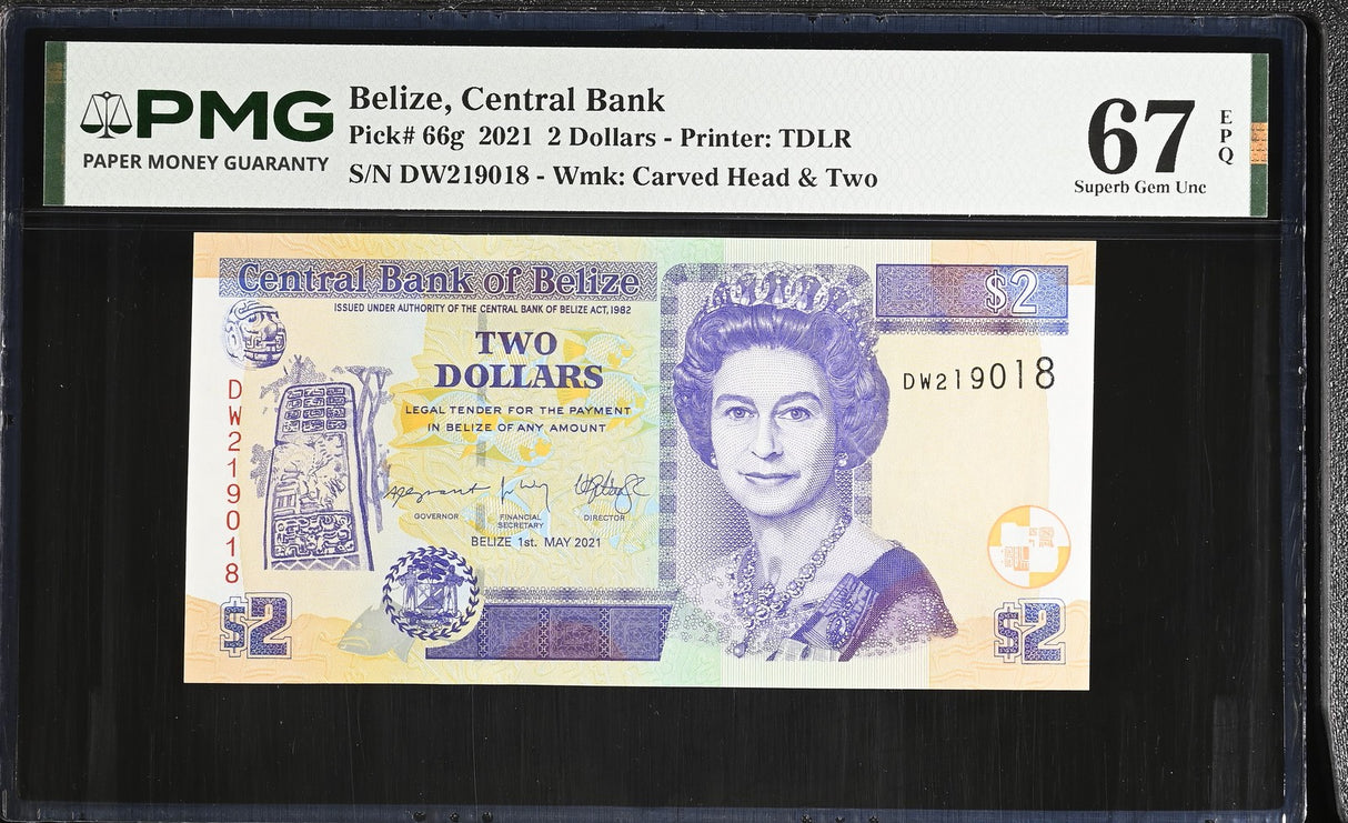 Belize 2 Dollars 2021 P 66 g Superb Gem UNC PMG 67 EPQ