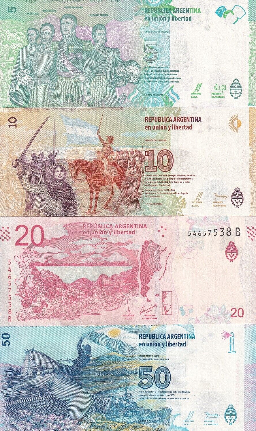 Argentina Set 4 Pcs 5 10 20 50 Pesos ND 2015-2017 P 359 P 360 P 361 P 362 UNC