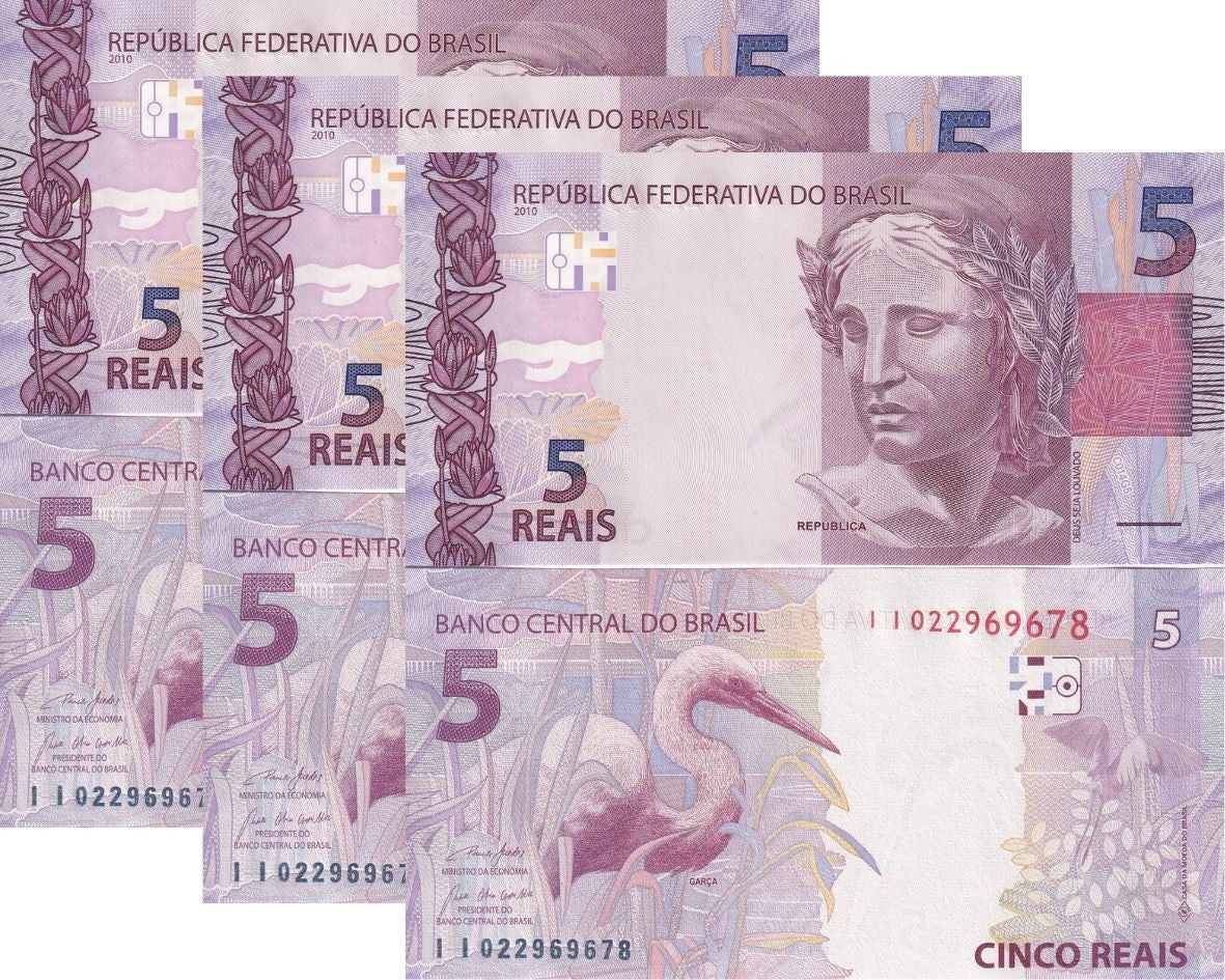 Brazil 5 Reais 2010 BIRD P 253 f New Sign Paulo Guedes & Roberto UNC LOT 3 PCS