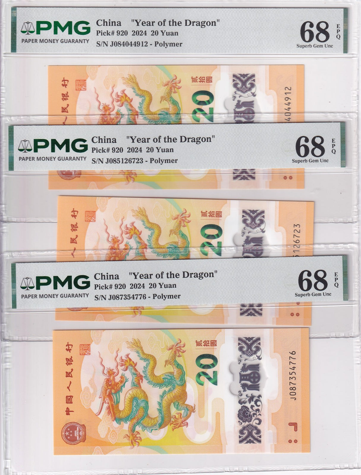 China Lot x 3; 20 Yuan 2024 P 920 Dragon Polymer Superb Gem UNC PMG 68 EPQ