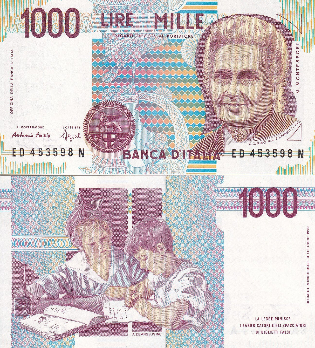 Italy 1000 Lire 1990 P 114 b UNC