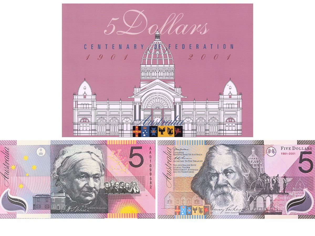 Australia 5 Dollars Commemorative 1901- 2001 Polymer P 56b With Folder