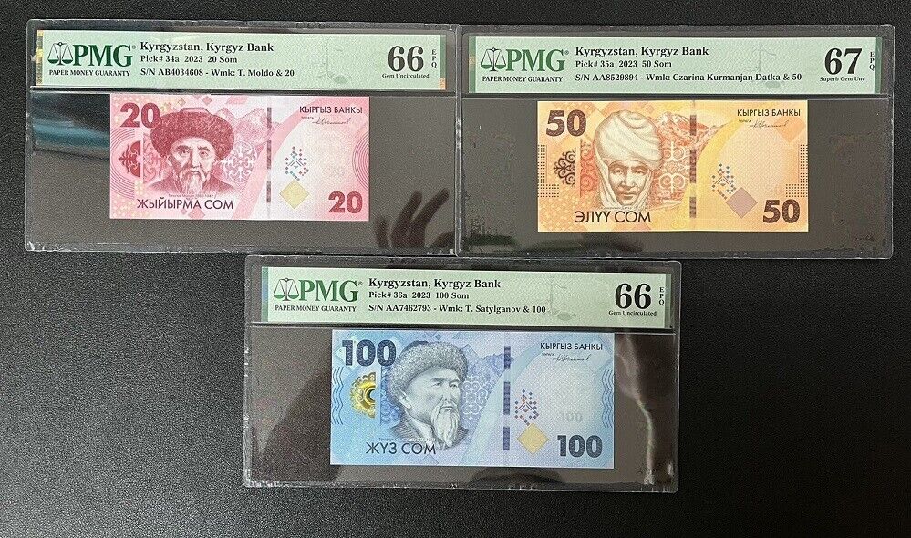 Kyrgyzstan Set 3; 20 50 100 Som 2023 P 34 35 36 Superb Gem UNC PMG 66 67 EPQ
