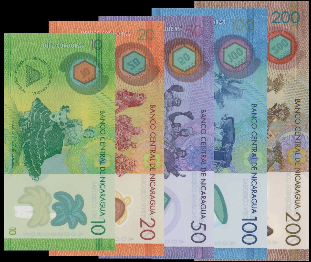 Nicaragua Set 5 Pcs 10 20 50 100 200 Cordobas 2014- 2022 Polymer P 209 - 213 UNC