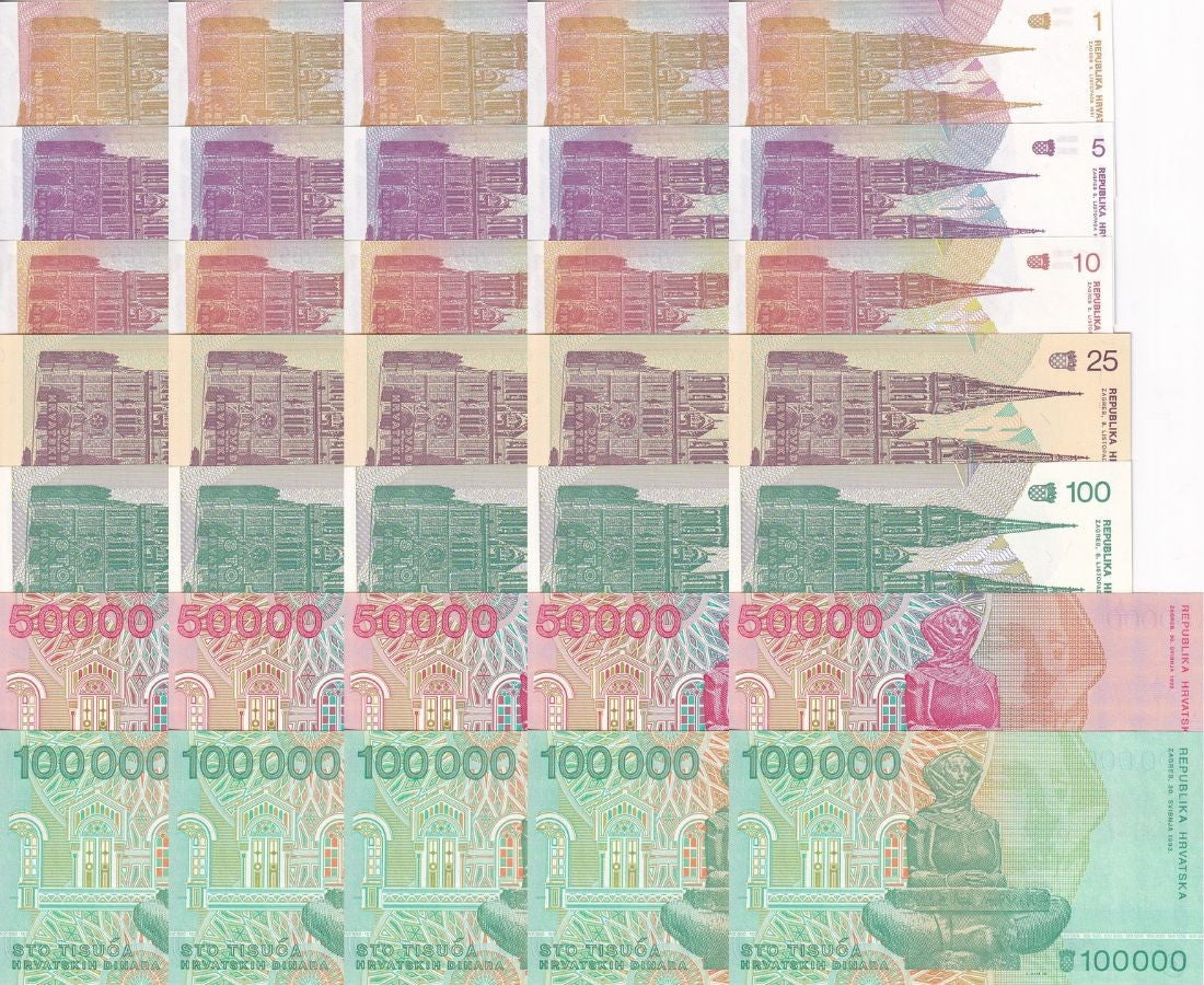 Croatia Set 7 x LOT 5= 35 UNC 1 5 10 - 100000 D. 1991-93 P 16 17 18 19 20 26 27