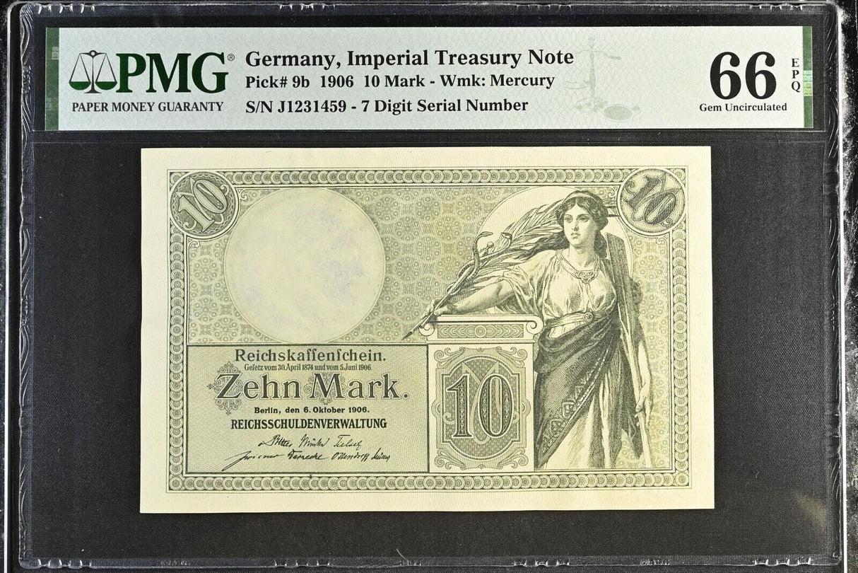 Germany 10 Mark Imperial Treasury 1906 P 9 b Gem UNC PMG 66 EPQ TOP POP