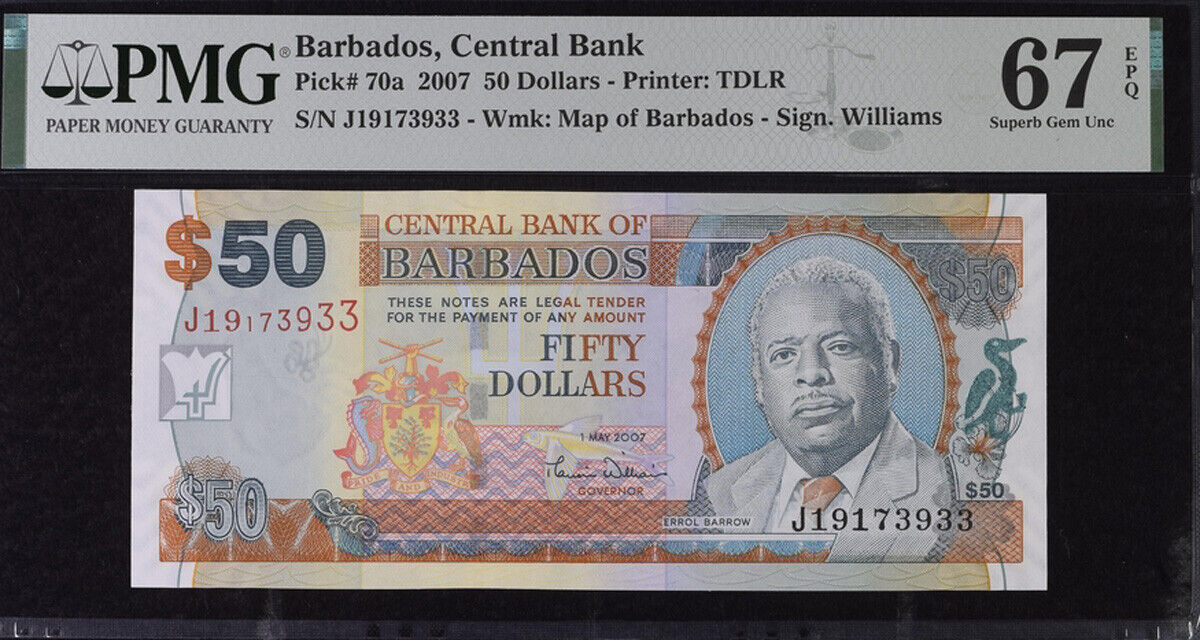 Barbados 50 Dollars ND 2007 P 70 a Superb Gem UNC PMG 67 EPQ