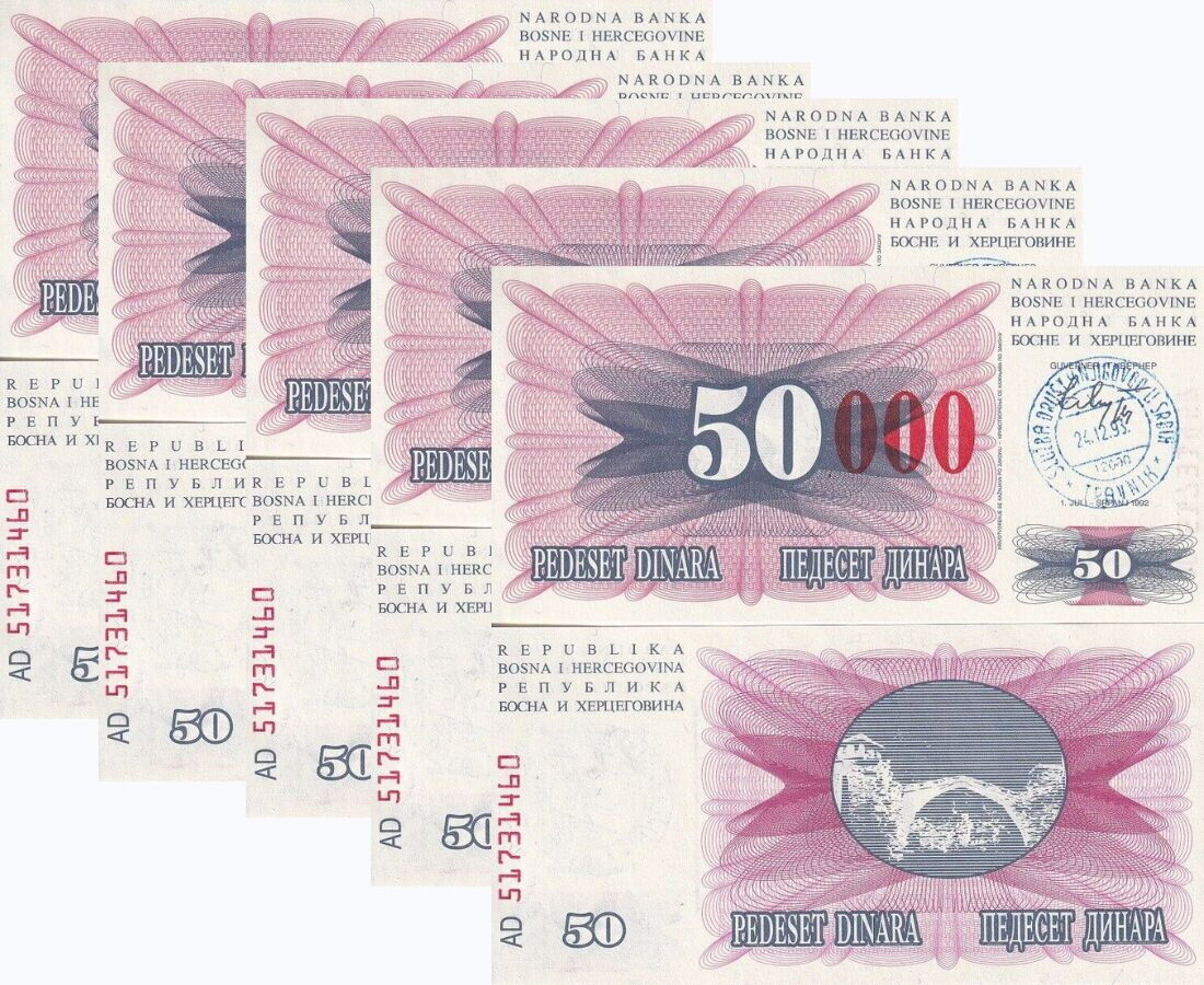 Bosnia 50000 Dinara 24.12.1993 P 55 d UNC LOT 5 PCS