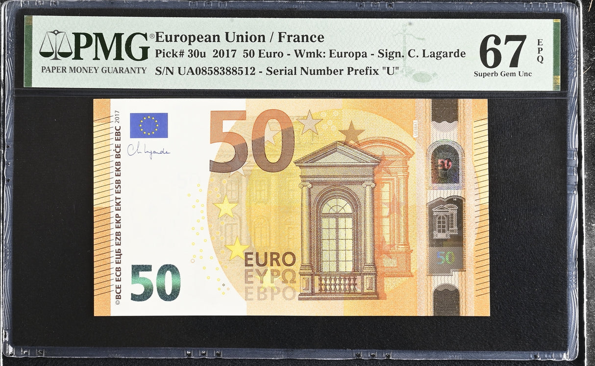 Euro 50 Euro 2017 France P 30 u UA Superb Gem UNC PMG 67 EPQ