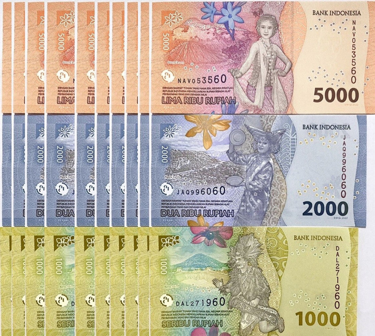 Indonesia Set 3 X LOT 10 = 30 UNC 1000 2000 5000 Rupiah Random Year P 162-P 164