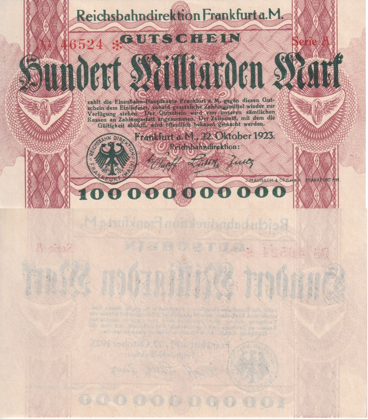 Germany 100000 Million Mark 1923 Frankfurt Uniface P S1224 UNC