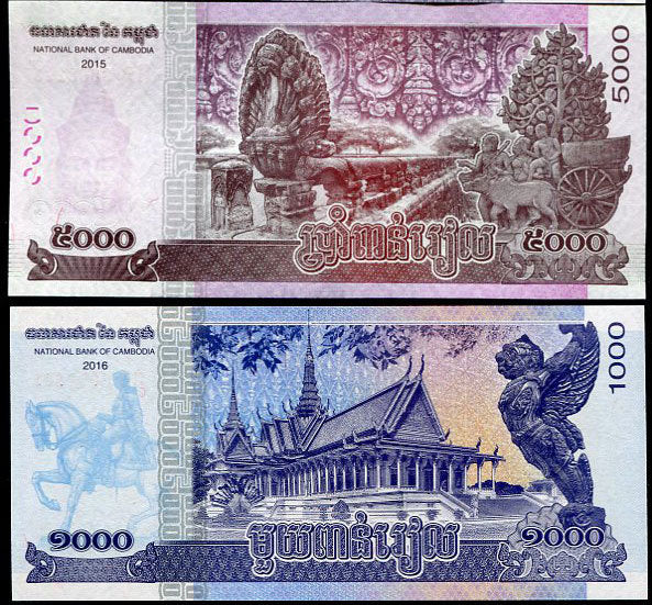 Cambodia Set 2 Pcs 1000 5000 Riels 2015-2017 P 67 68 UNC