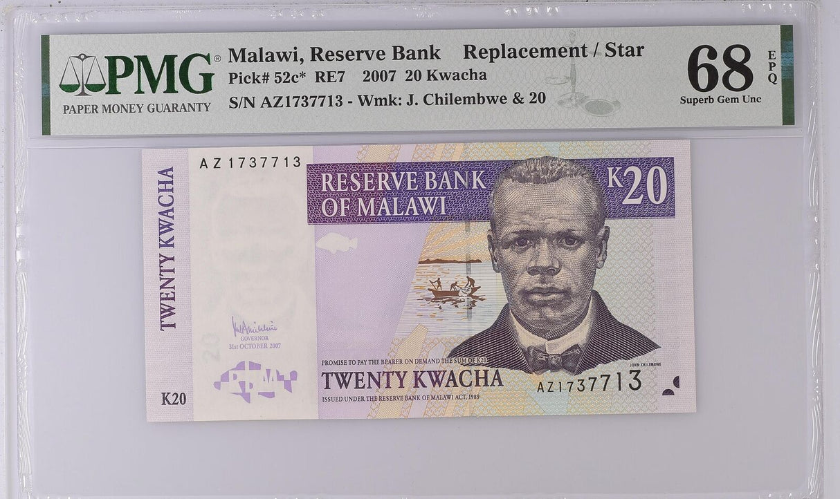 Malawi 20 Kwacha 2007 P 52 c* Replacement Superb GEM UNC PMG 68 EPQ Top
