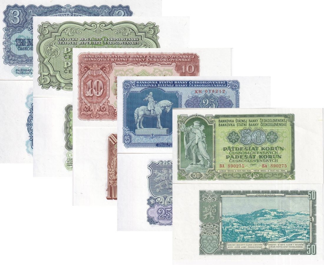 Czechoslovakia Set 5 PCS 3 5 10 25 50 Korun 1953 P 79 80 83 84 85 UNC