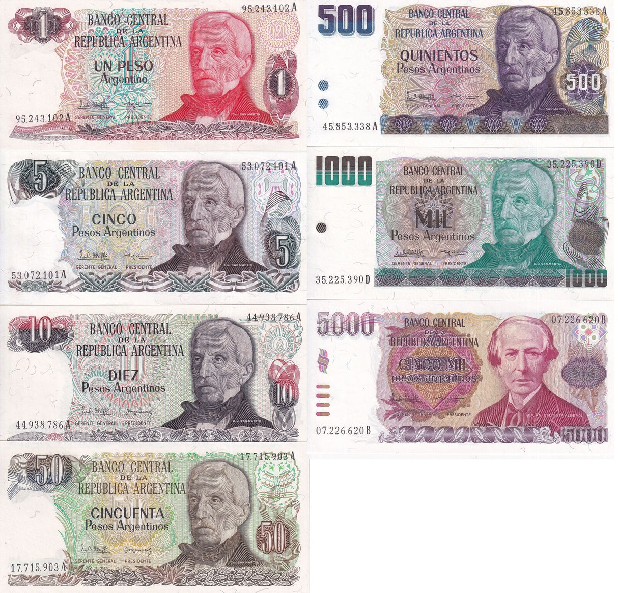 Argentina Set 7 Pcs 1 5 10 50 100-5000 Pesos ND 1983-1985 P 311-318 UNC
