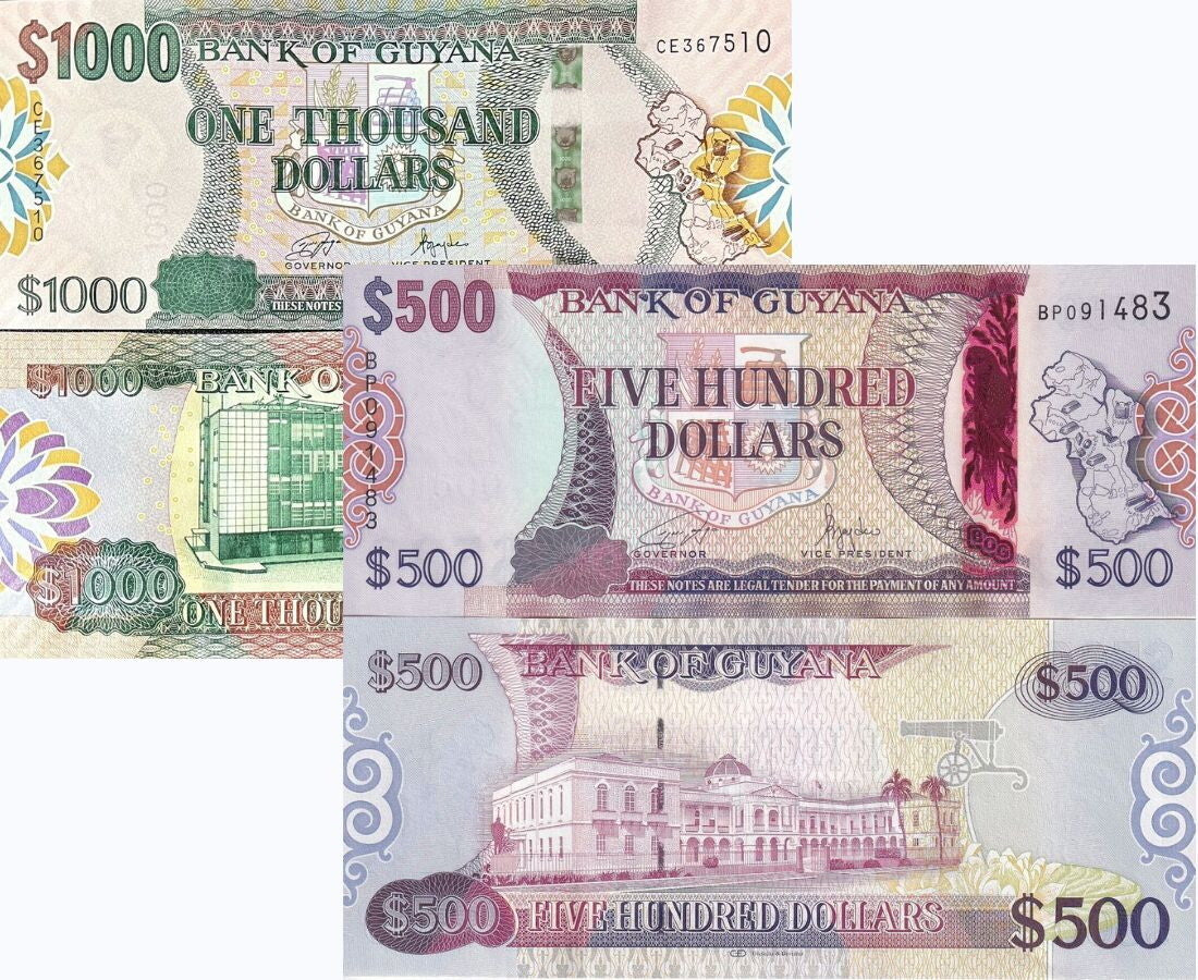 Guyana Set 2 UNC 500 1000 Dollars ND 2024 NEW Security Holographic P 37 P 38