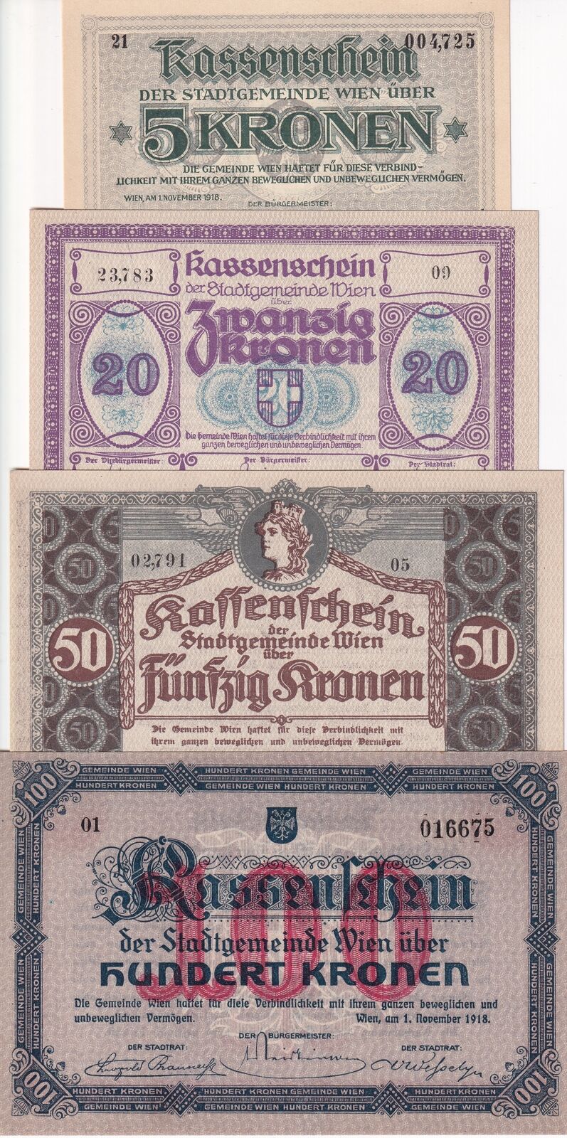 Austria SET 4 PCS 5 20 50 100 Kronen 1918 Municipality of Vienna P NL UNC